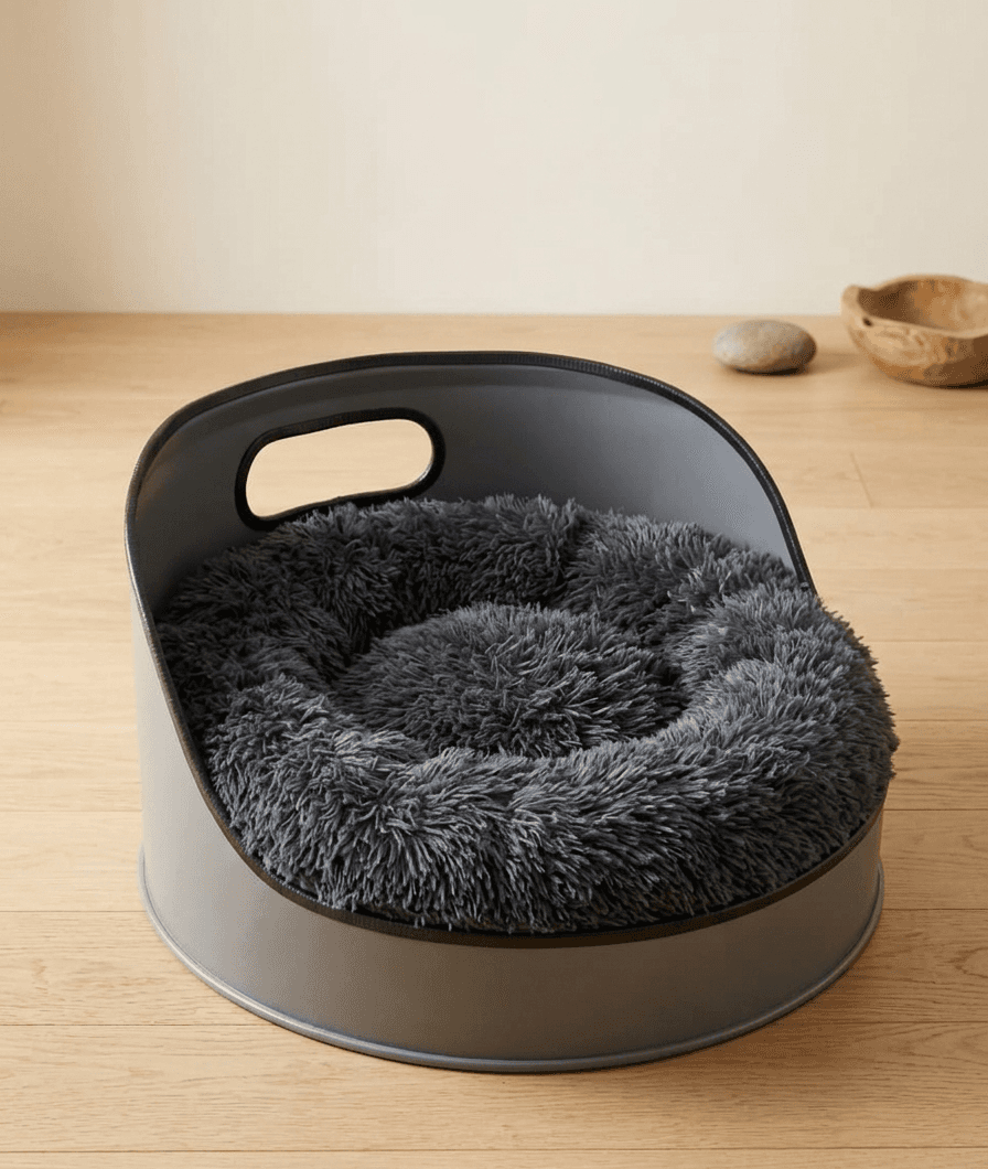 The Snugger drum dog bed indoors