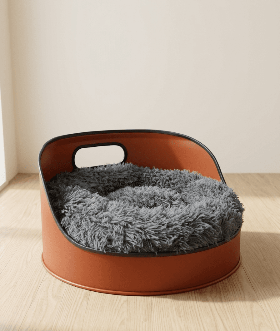The Snugger drum dog bed in terracotta